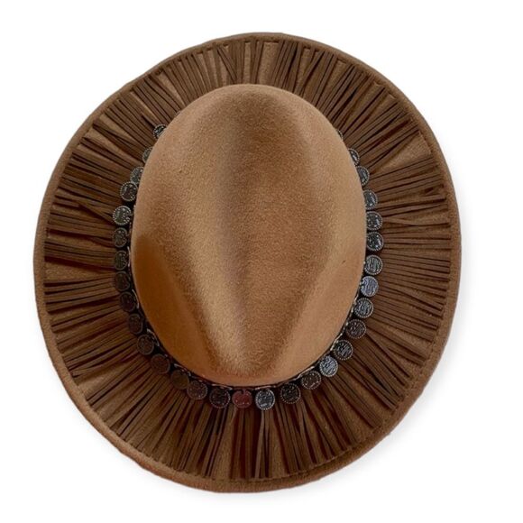 Boho Brown Wide Brim Leather Tassel Coin Band Western Fedora Hat NEW main image 4